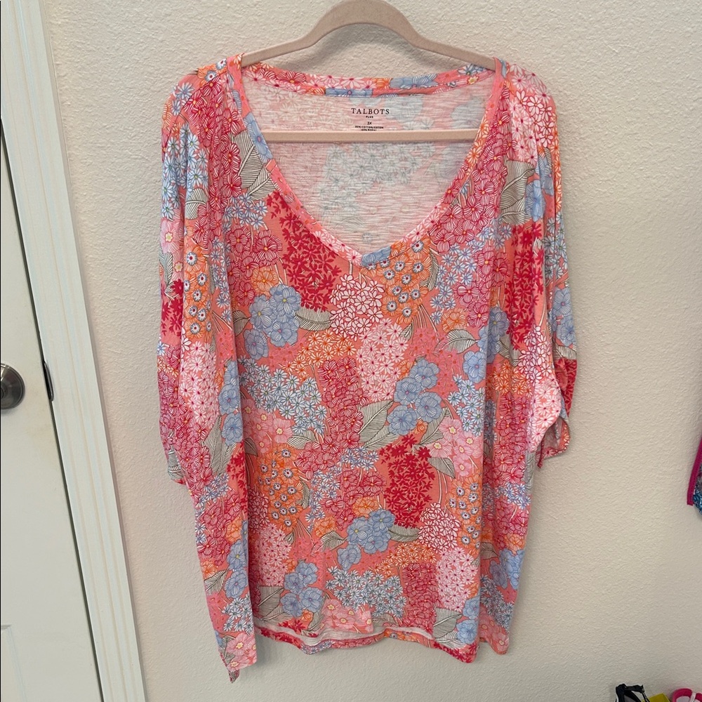Talbots Women's Floral V-Neck Blouse - Red, Blue, Pink